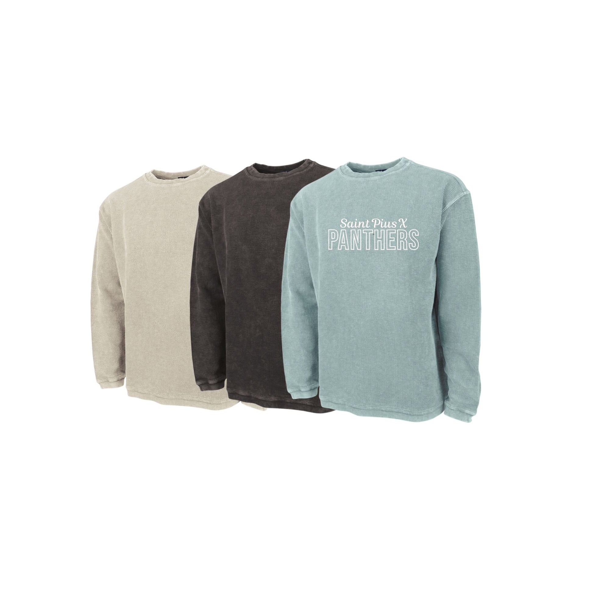 Three sweatshirts in beige, black, and light blue with 'Saint Peter's Panthers' text on a white background.
