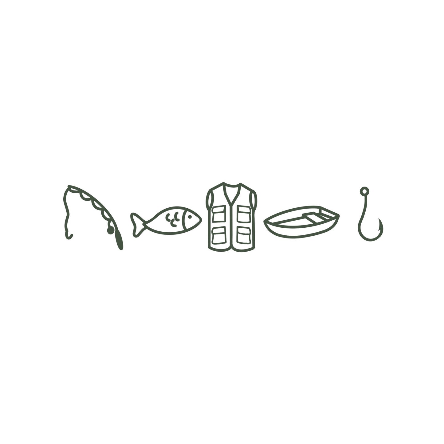 design featuring a fishing rod, fish, vest, boat, and hook in a darker green ink