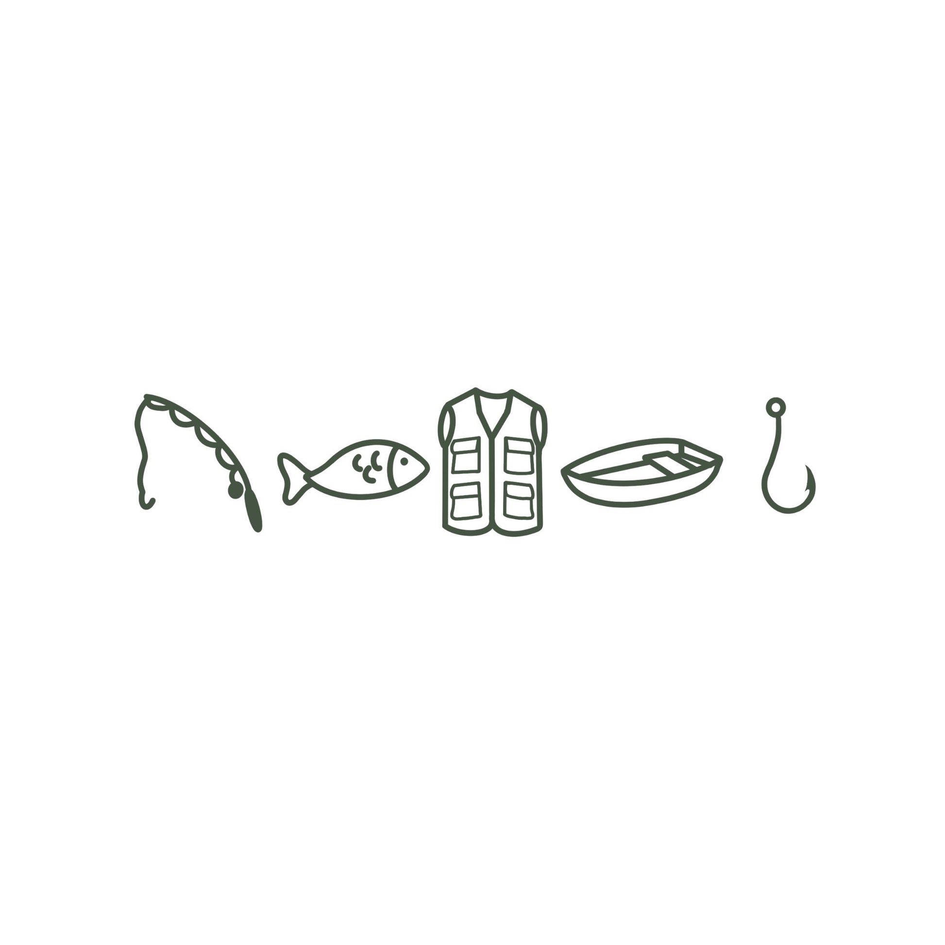 design featuring a fishing rod, fish, vest, boat, and hook in a darker green ink