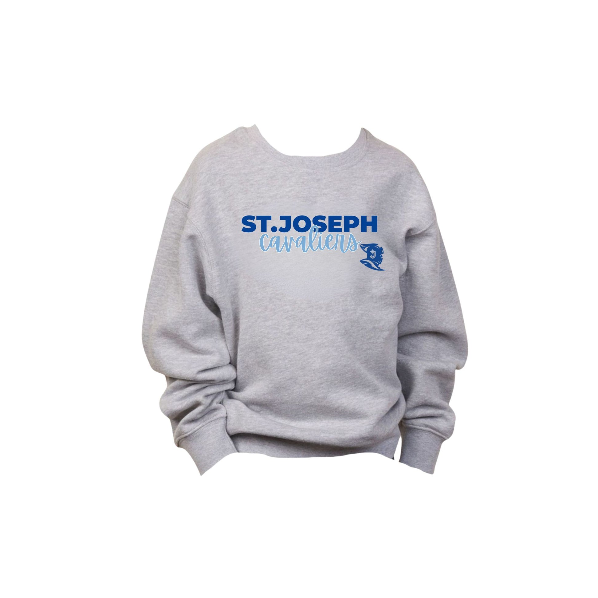 Gray sweatshirt with 'St. Joseph Cavaliers' printed in a mixed text design and the SJS logo