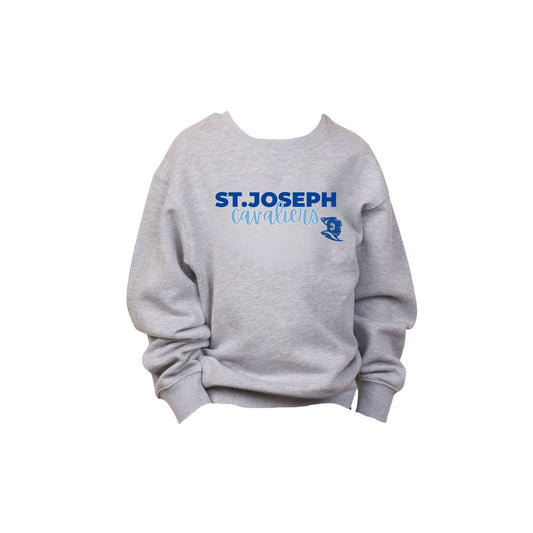 Gray sweatshirt with 'St. Joseph Cavaliers' printed in a mixed text design and the SJS logo