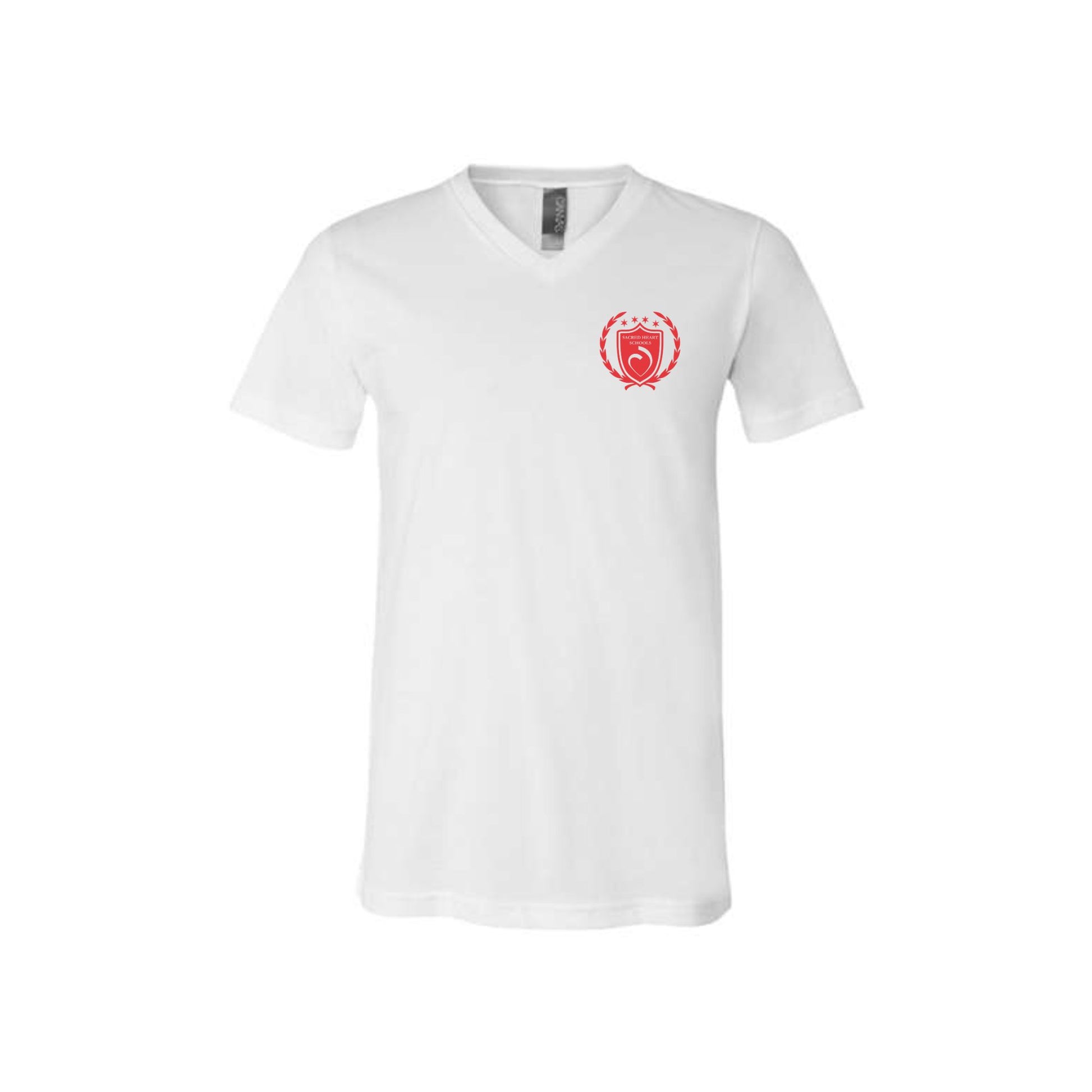 white bella and canvas t-shirt with custom ccs crest print in red ink on the left chest