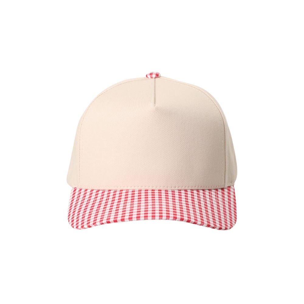 Beige cap with red and white checkered brim on a white background