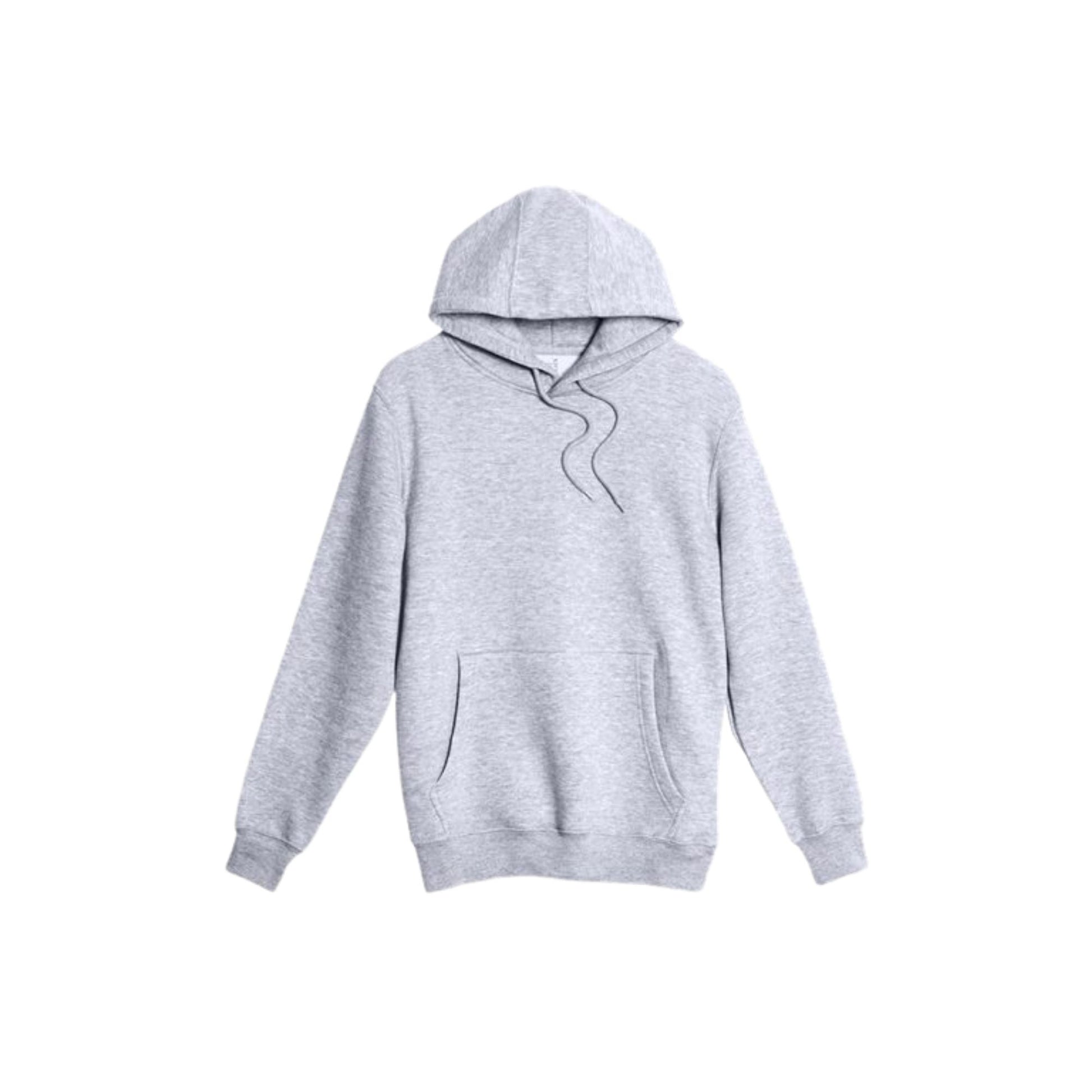 A light gray heathered pullover hoodie with a front kangaroo pocket and drawstring hood, shown against a plain white background.