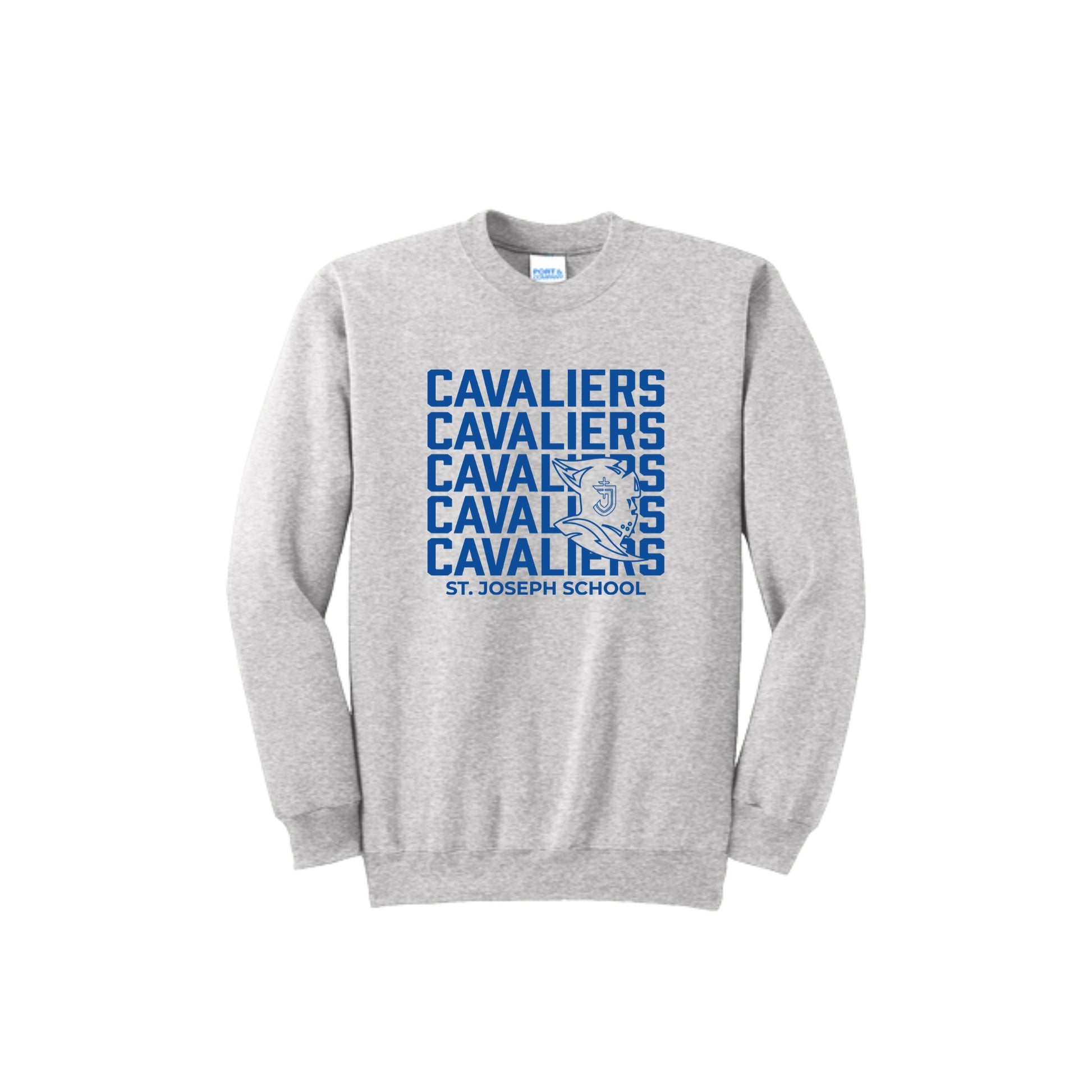 Gray sweatshirt with blue 'Cavaliers' text and logo on a white background