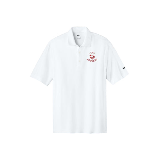 white nike polo with ccs cougars logo embroidered in red thread on the left chest