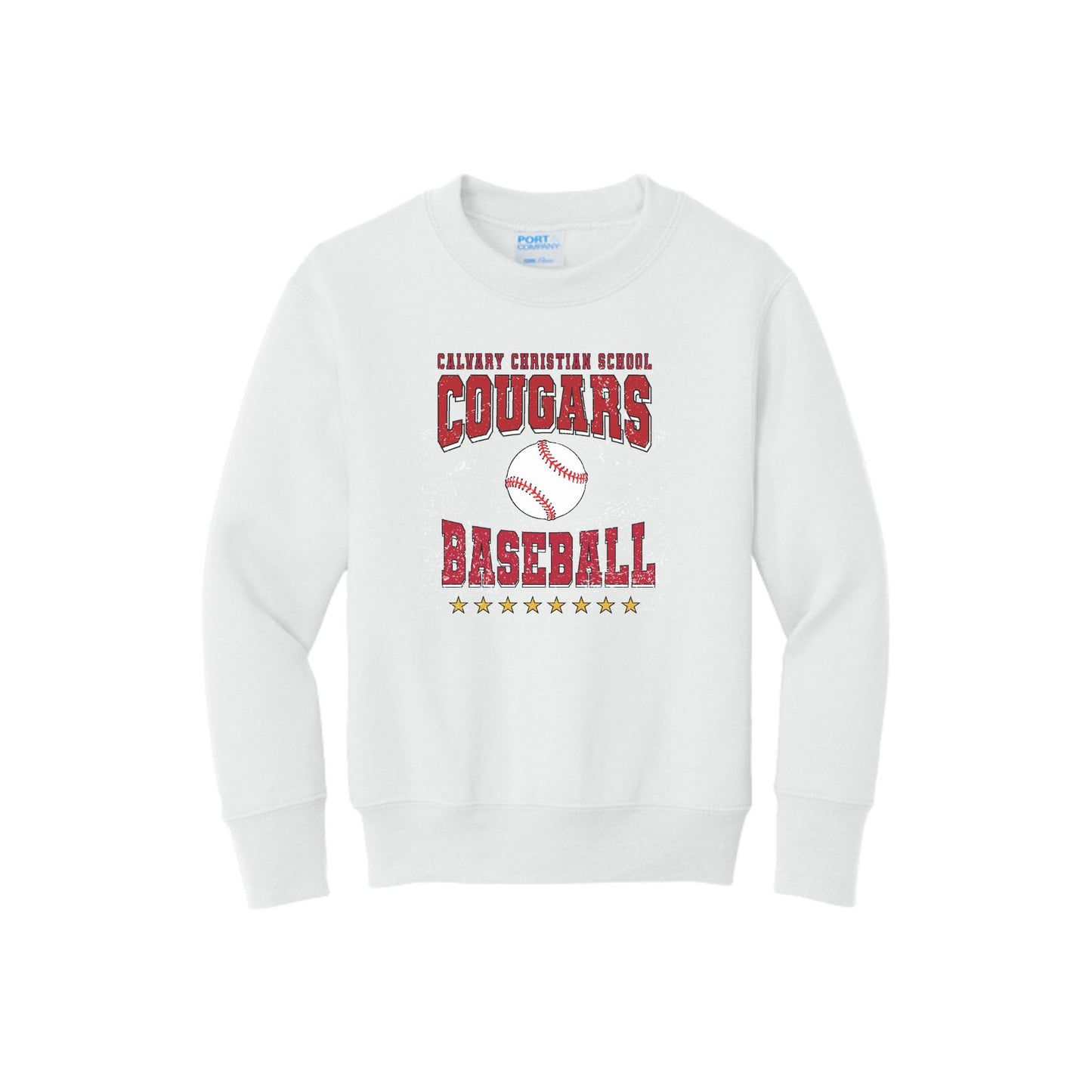 White sweatshirt with 'Calvary Christian School Cougars Baseball' text and a baseball graphic on a white background