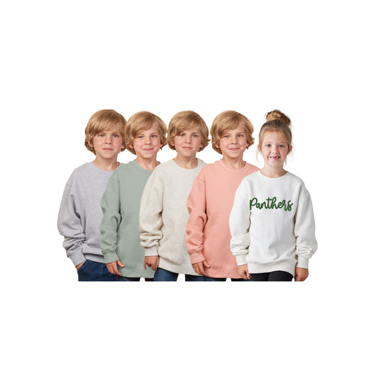 Five children wearing sweatshirts in various colors on a white background