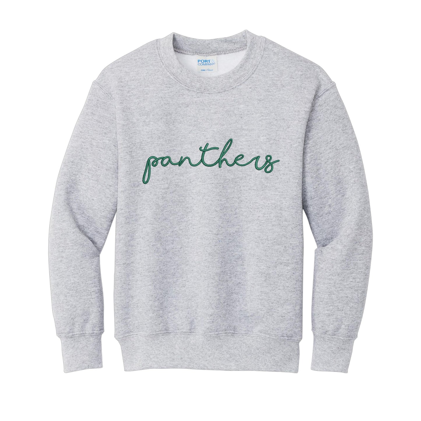 athletic heather crewneck sweatshirt with panthers embroidered across the chest in an ivy green thread