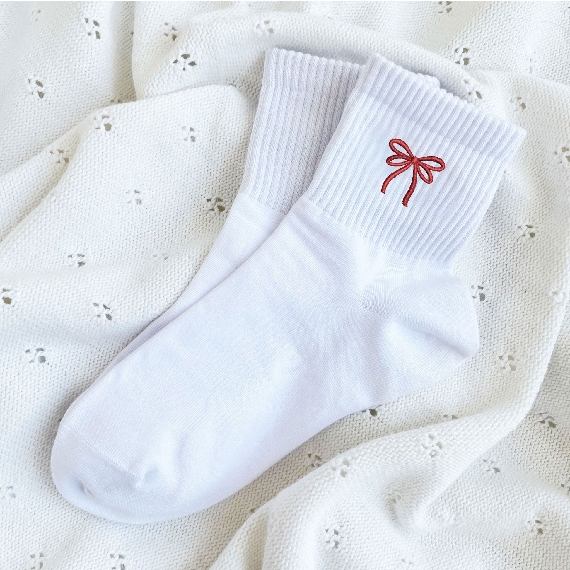 ankle high white socks with embroidered red ribbon bow