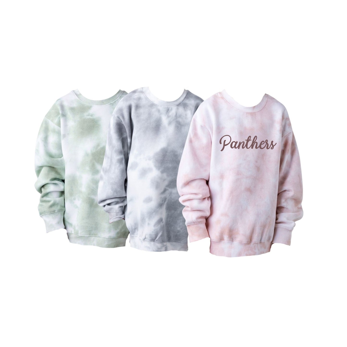 Three tie-dye sweatshirts in different colors on a white background