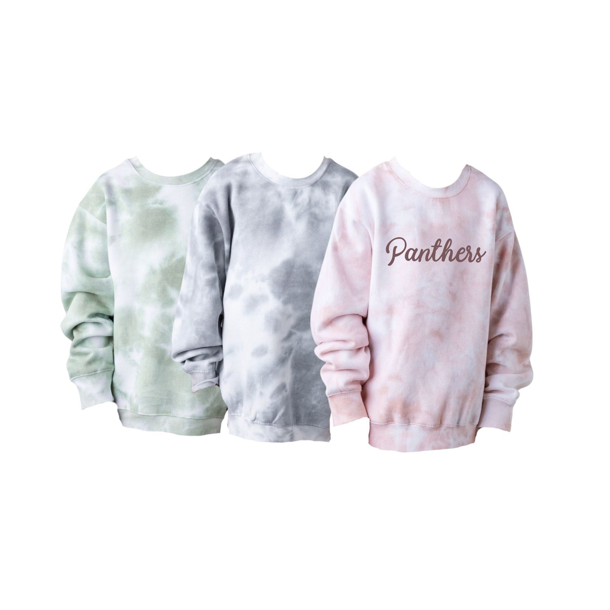 Three tie-dye sweatshirts in different colors on a white background