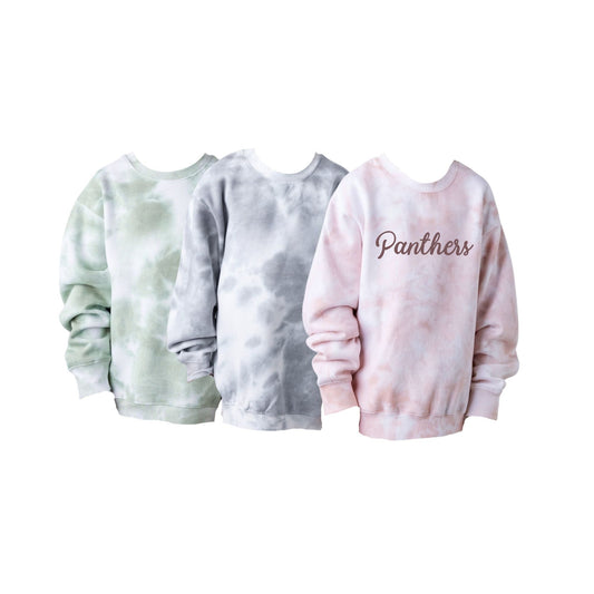 Three tie-dye sweatshirts in different colors on a white background