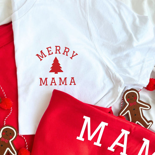 white bella and canvas t-shirt with custom merry mama and mini tree print on the left chest in red