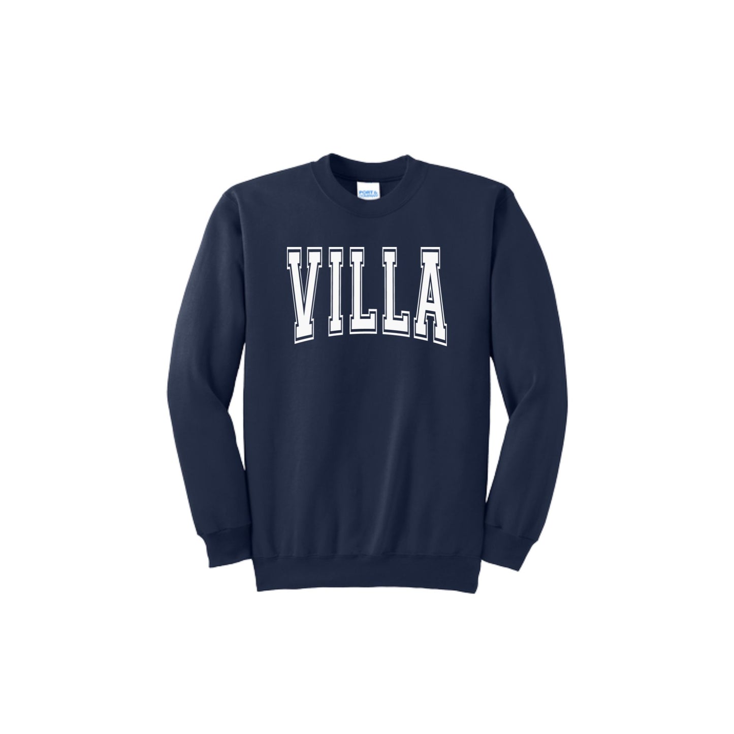Navy blue sweatshirt with 'VILLA' printed on it against a white background
