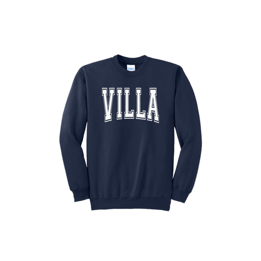 Navy blue sweatshirt with 'VILLA' printed on it against a white background