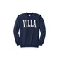 Navy blue sweatshirt with 'VILLA' printed on it against a white background