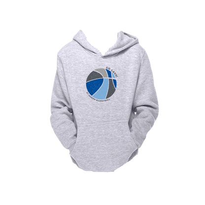 athletic heather youth hooded sweatshirt with custom distressed print of a blue and grey basketball with go cavs! st. joseph basketball curved aroud it