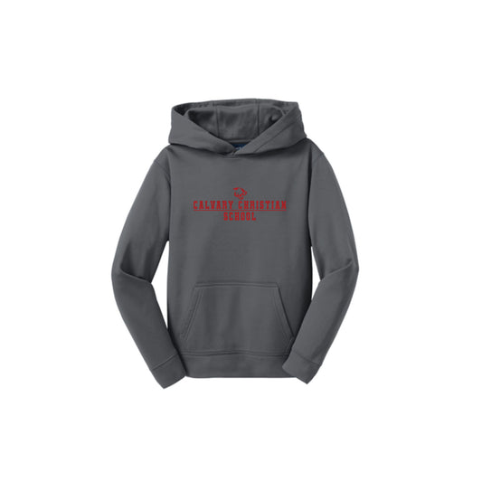 dark smoke grey hoodie with red calvary christian school print across the chest