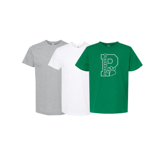 Three t-shirts in gray, white, and green on a white background