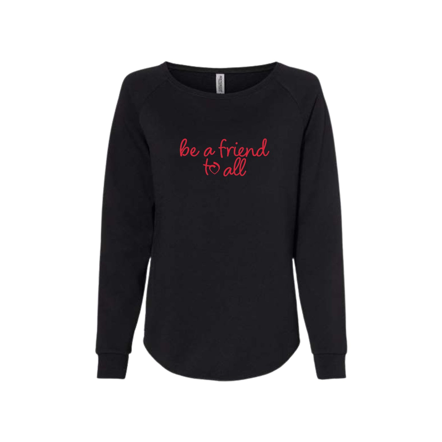 black wave wash women's crewneck with a be a friend to all sacred heart schools print in red across the chest