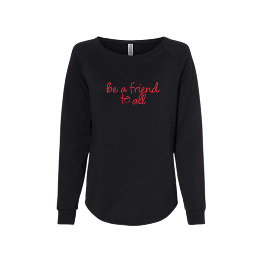 black wave wash women's crewneck with a be a friend to all sacred heart schools print in red across the chest