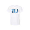 White t-shirt with 'VILLA' printed in blue on a white background