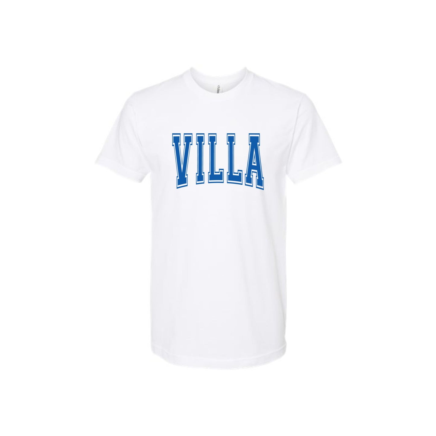 White t-shirt with 'VILLA' printed in blue on a white background