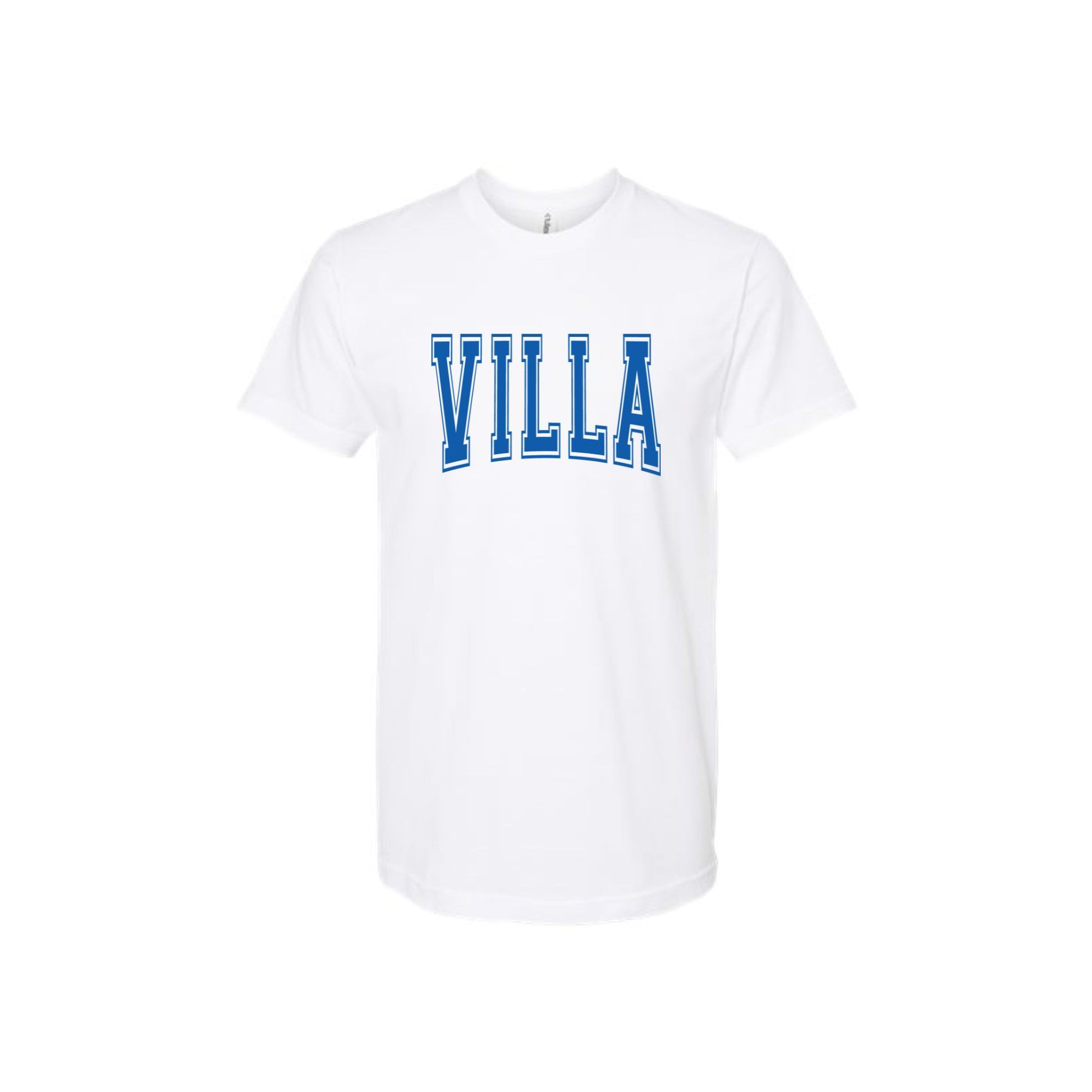 White t-shirt with 'VILLA' printed in blue on a white background