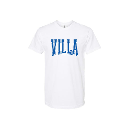 White t-shirt with 'VILLA' printed in blue on a white background