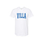 White t-shirt with 'VILLA' printed in blue on a white background