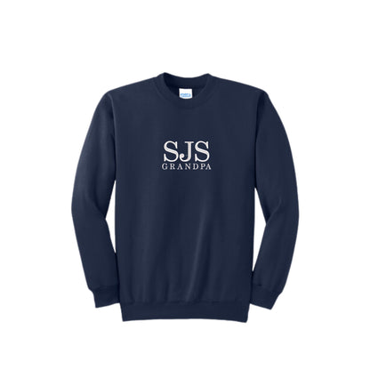 navy blue crewneck sweatshirt with SJS GRANDPA embroidered on the center chest in white thread