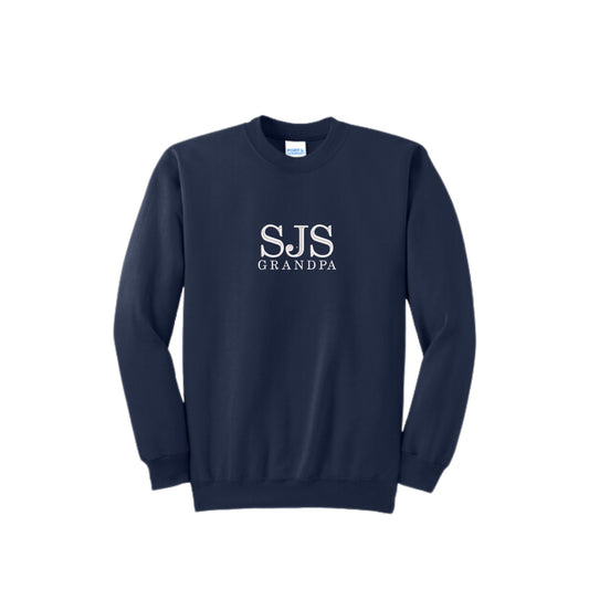 navy blue crewneck sweatshirt with SJS GRANDPA embroidered on the center chest in white thread