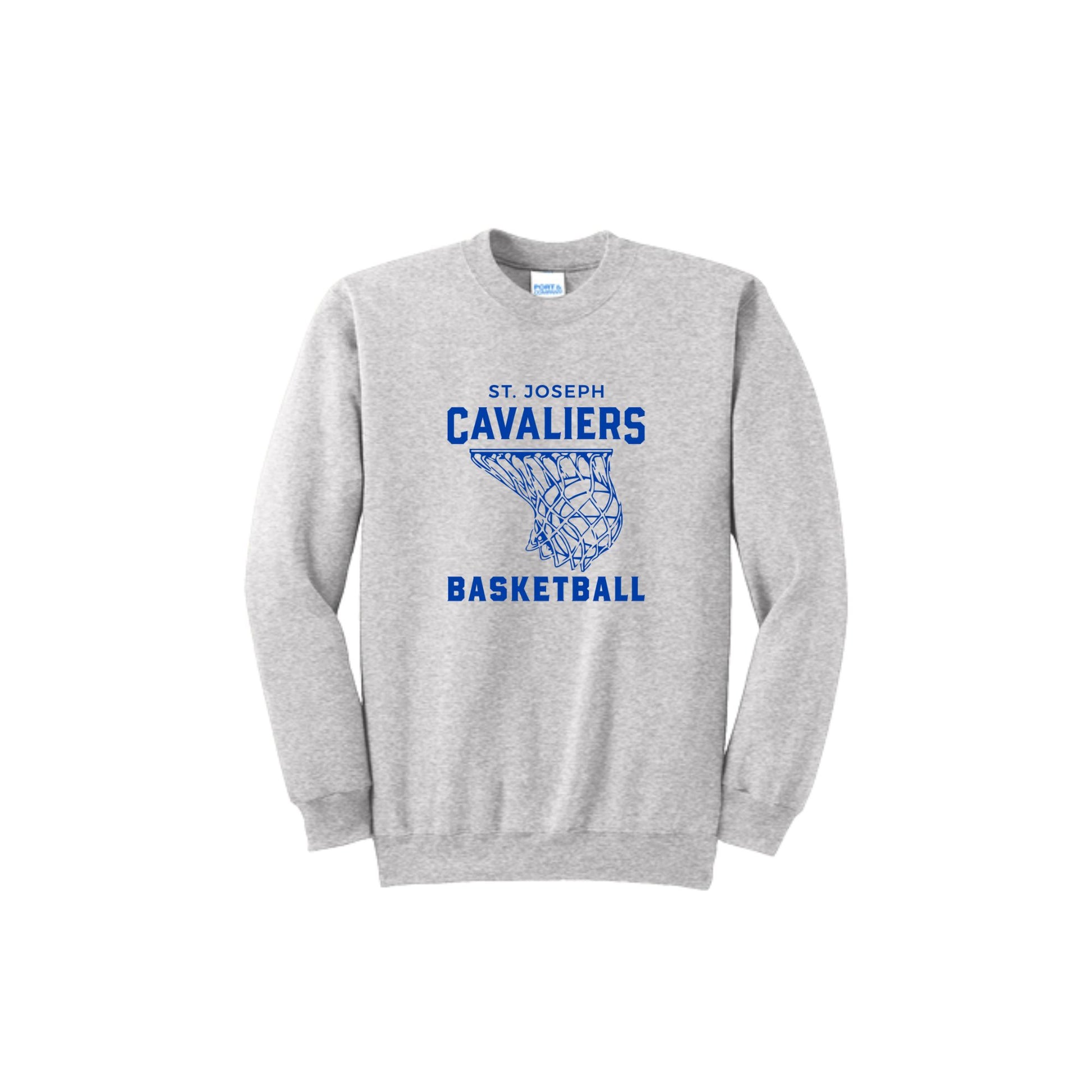 ash sweatshirt with 'St. Joseph Cavaliers Basketball' and basketball going into net design printed on the front in royal blue ink 