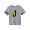 A heather gray short-sleeve t-shirt with a large black and gold 'Jaguars' graphic on the chest, a small 'Cheer' pennant on the left sleeve, and 'Name' printed on the right sleeve.
