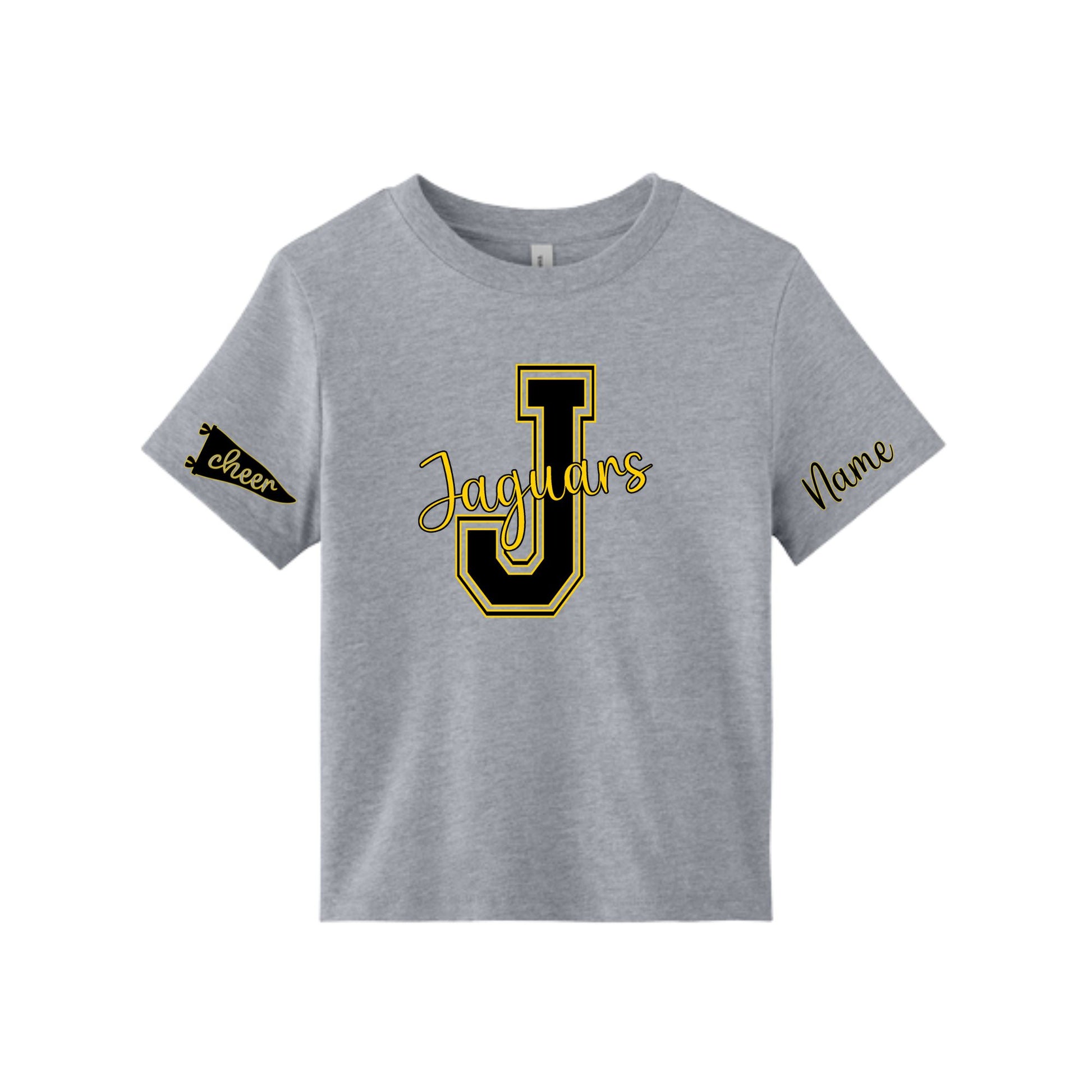 A heather gray short-sleeve t-shirt with a large black and gold 'Jaguars' graphic on the chest, a small 'Cheer' pennant on the left sleeve, and 'Name' printed on the right sleeve.