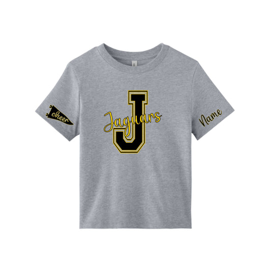 A heather gray short-sleeve t-shirt with a large black and gold 'Jaguars' graphic on the chest, a small 'Cheer' pennant on the left sleeve, and 'Name' printed on the right sleeve.