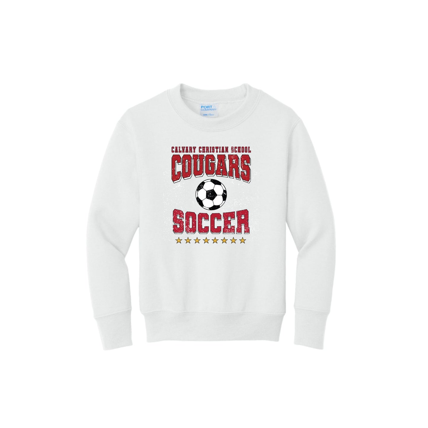 White sweatshirt with 'Calvary Christian School Cougars Soccer' text and a soccer ball graphic on a white background