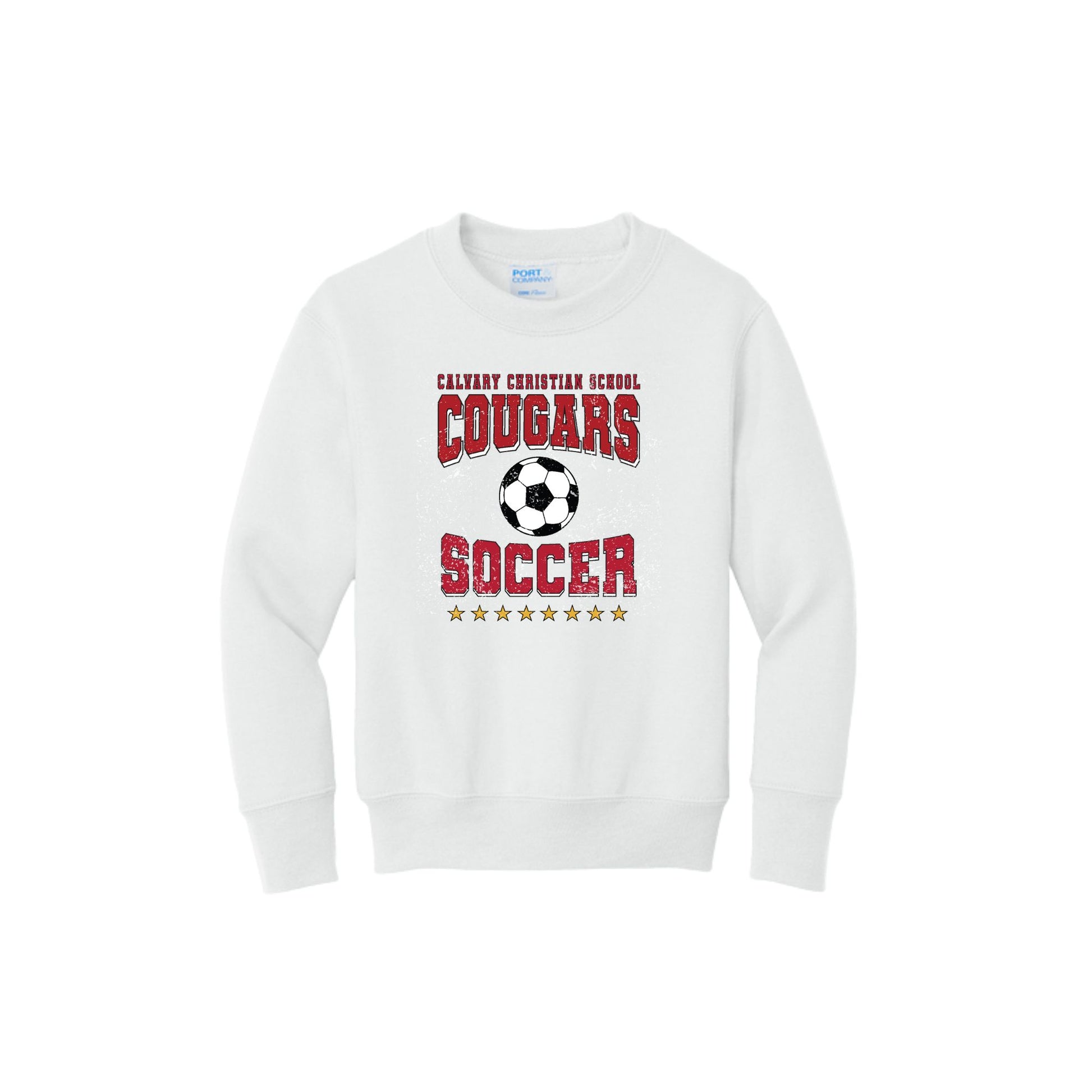 White sweatshirt with 'Calvary Christian School Cougars Soccer' text and a soccer ball graphic on a white background