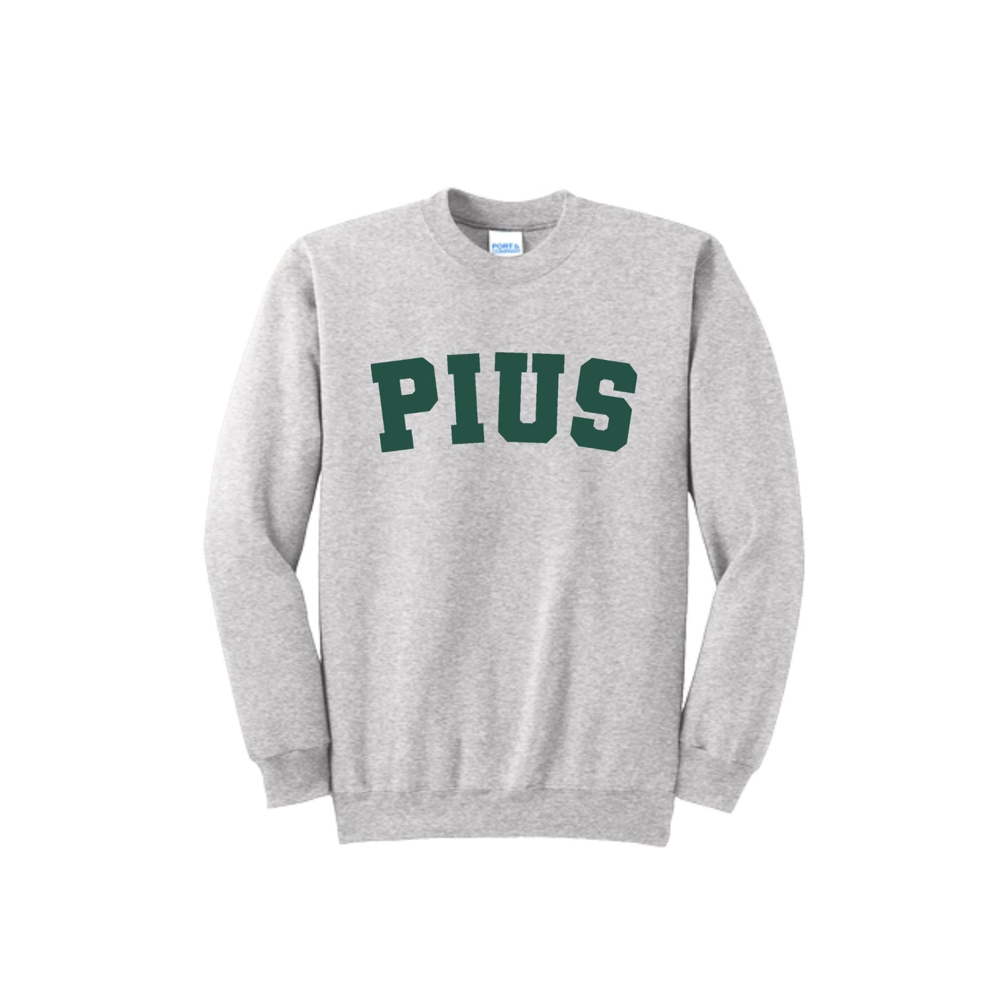 Gray sweatshirt with 'PIUS' printed in green on a white background
