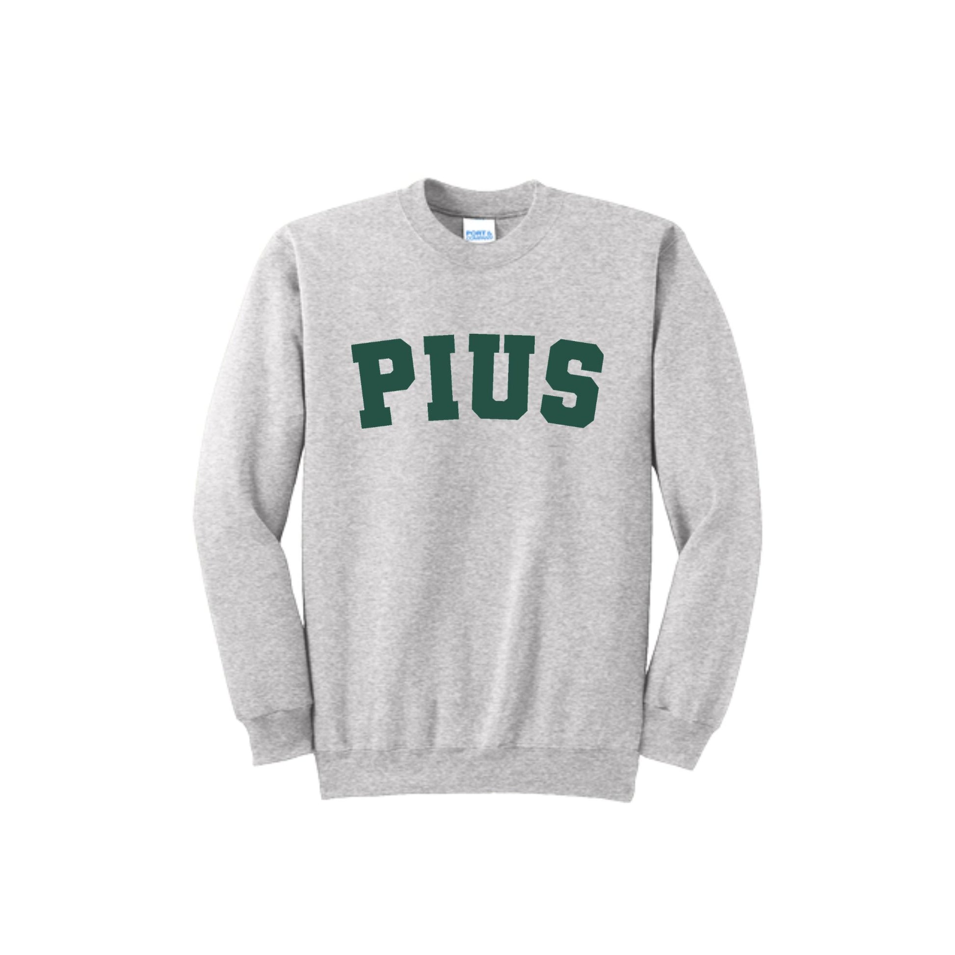 Gray sweatshirt with 'PIUS' printed in green on a white background