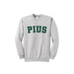 Gray sweatshirt with 'PIUS' printed in green on a white background