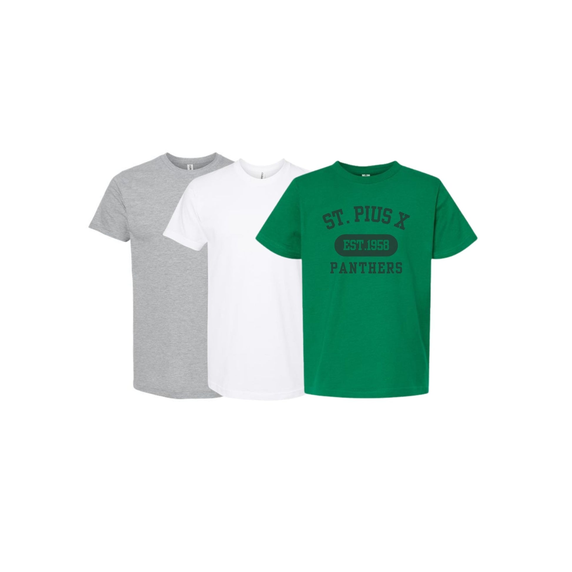 Three t-shirts in gray, white, and green with 'St. Pius X Panthers' text on a white background.