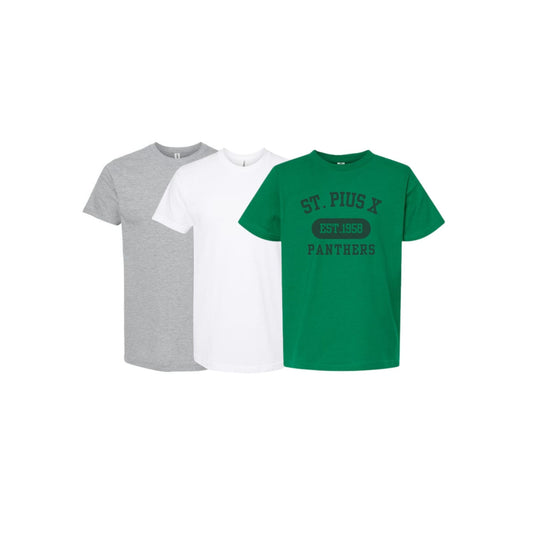 Three t-shirts in gray, white, and green with 'St. Pius X Panthers' text on a white background.