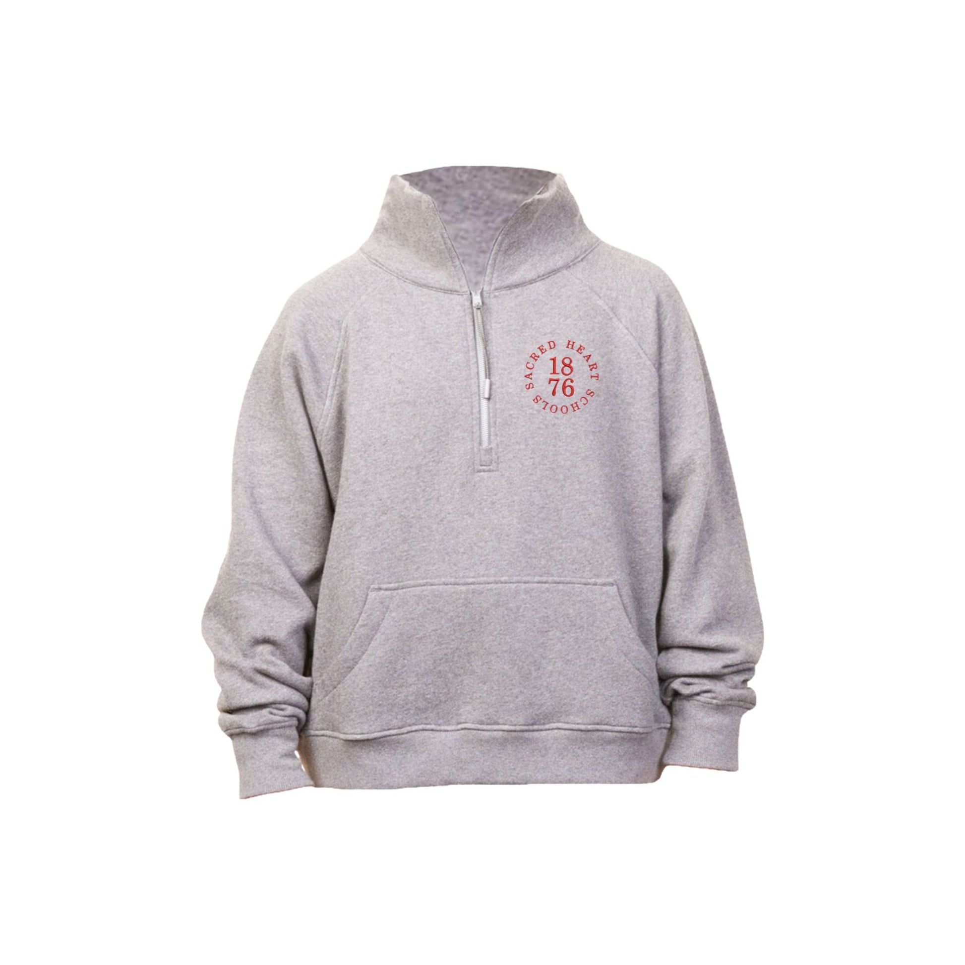 athletic heather boxy quarter zip pullover sweatshirt with custom embroidered sacred heart schools logo on the left chest in red thread