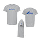 Three views of a heather gray short-sleeve t-shirt with blue printed graphics: a front view with the text 'This is how we.