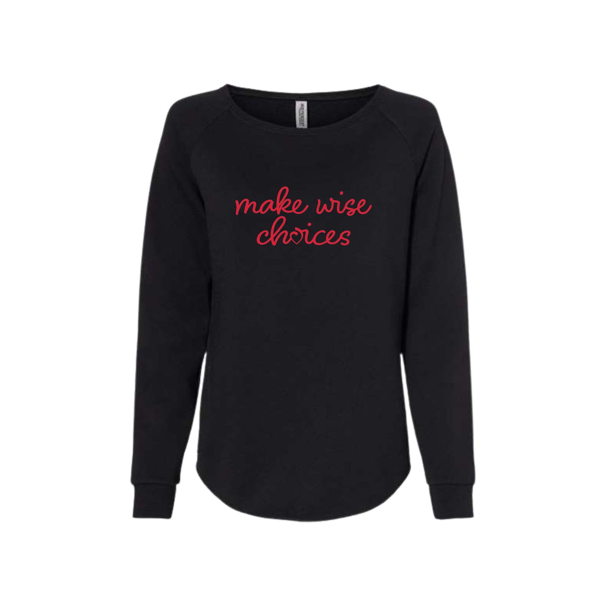 black wave wash women's crewneck with a make wise choices sacred heart schools print in red across the chest