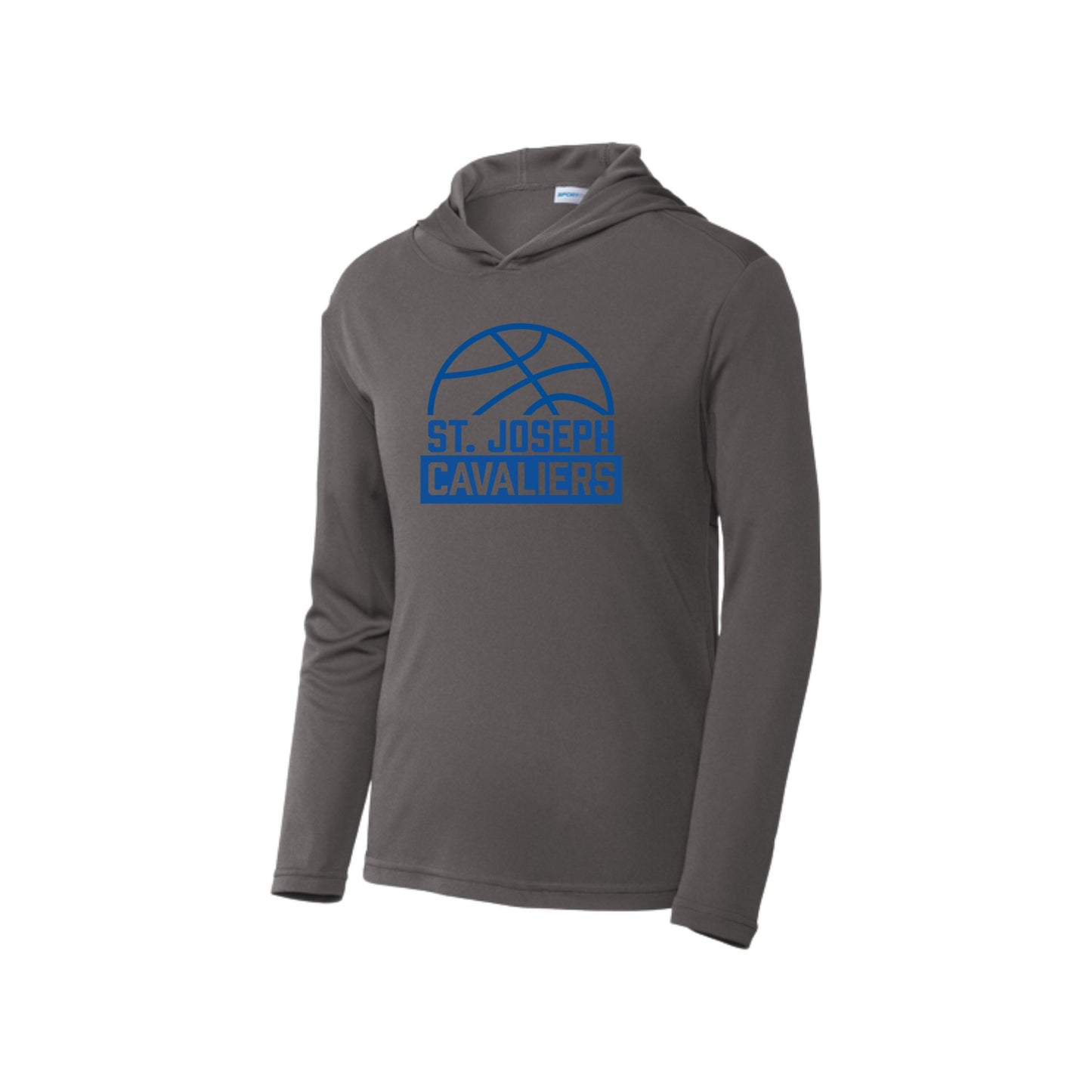 Gray hoodie with 'St. Joseph Cavaliers' basketball logo printed in blue on the center chest