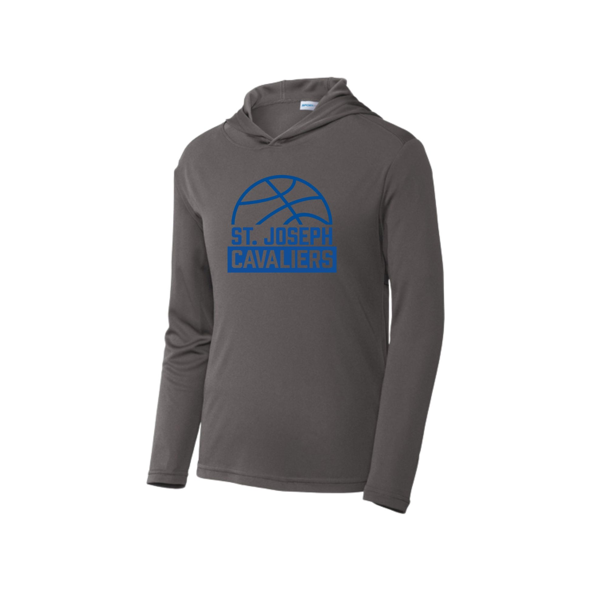 Gray hoodie with 'St. Joseph Cavaliers' basketball logo printed in blue on the center chest