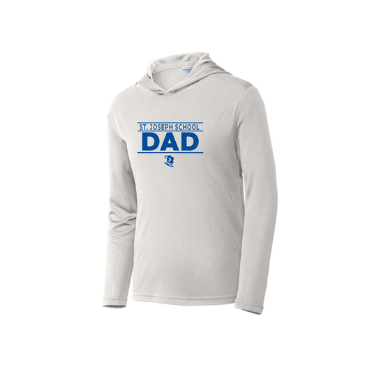 Light gray hoodie with 'St. Joseph School Dad' text on a white background